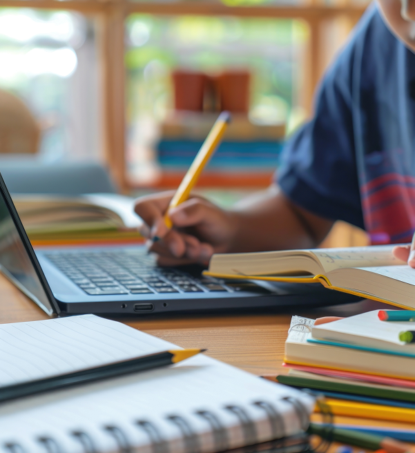 Schülerin arbeitet am Laptop in einem modernen Klassenraum